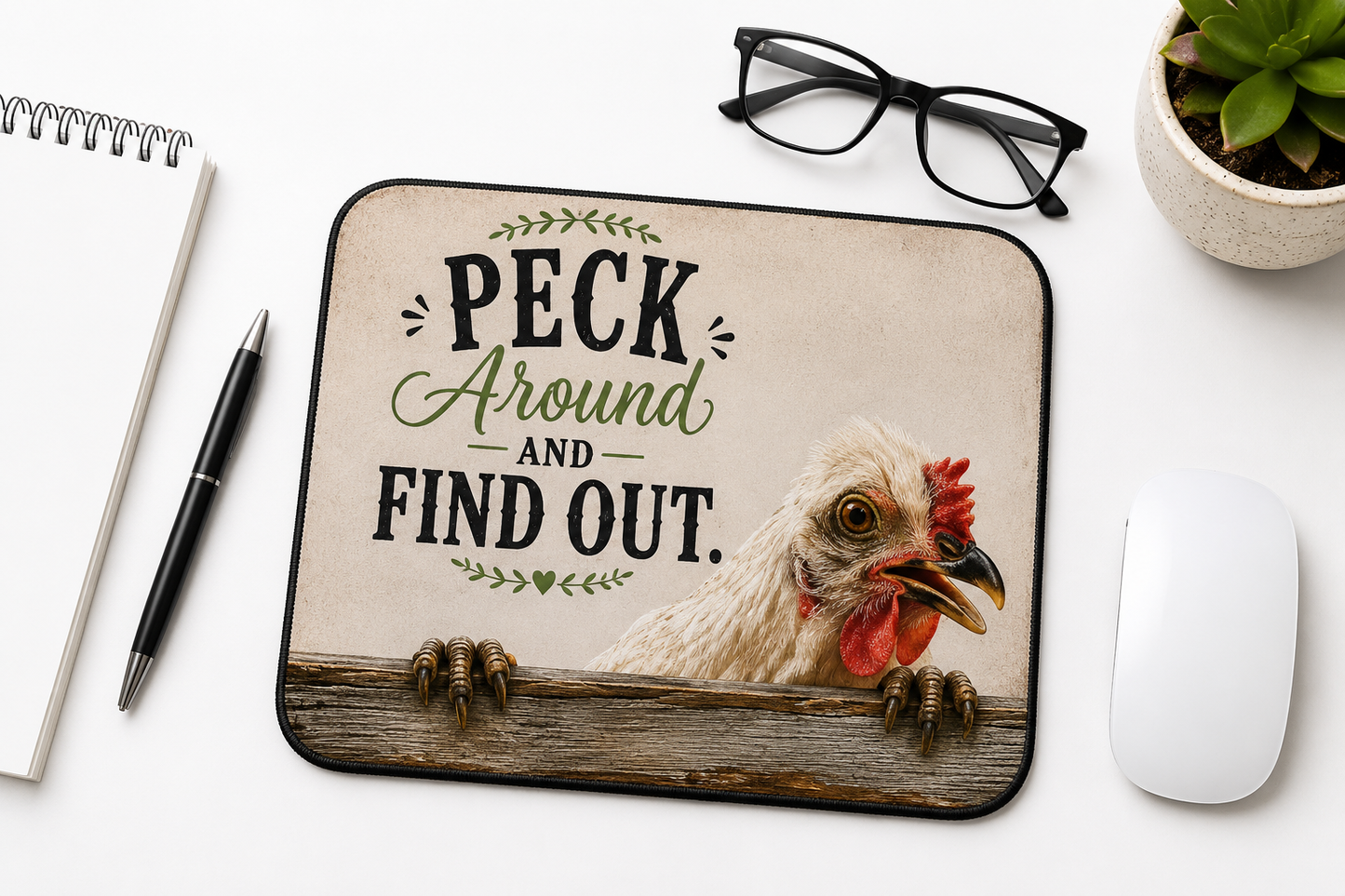 A rectangular desk mat with rounded corners sits on a white desk. The mat features a rustic design with the text 'PECK Around AND FIND OUT.