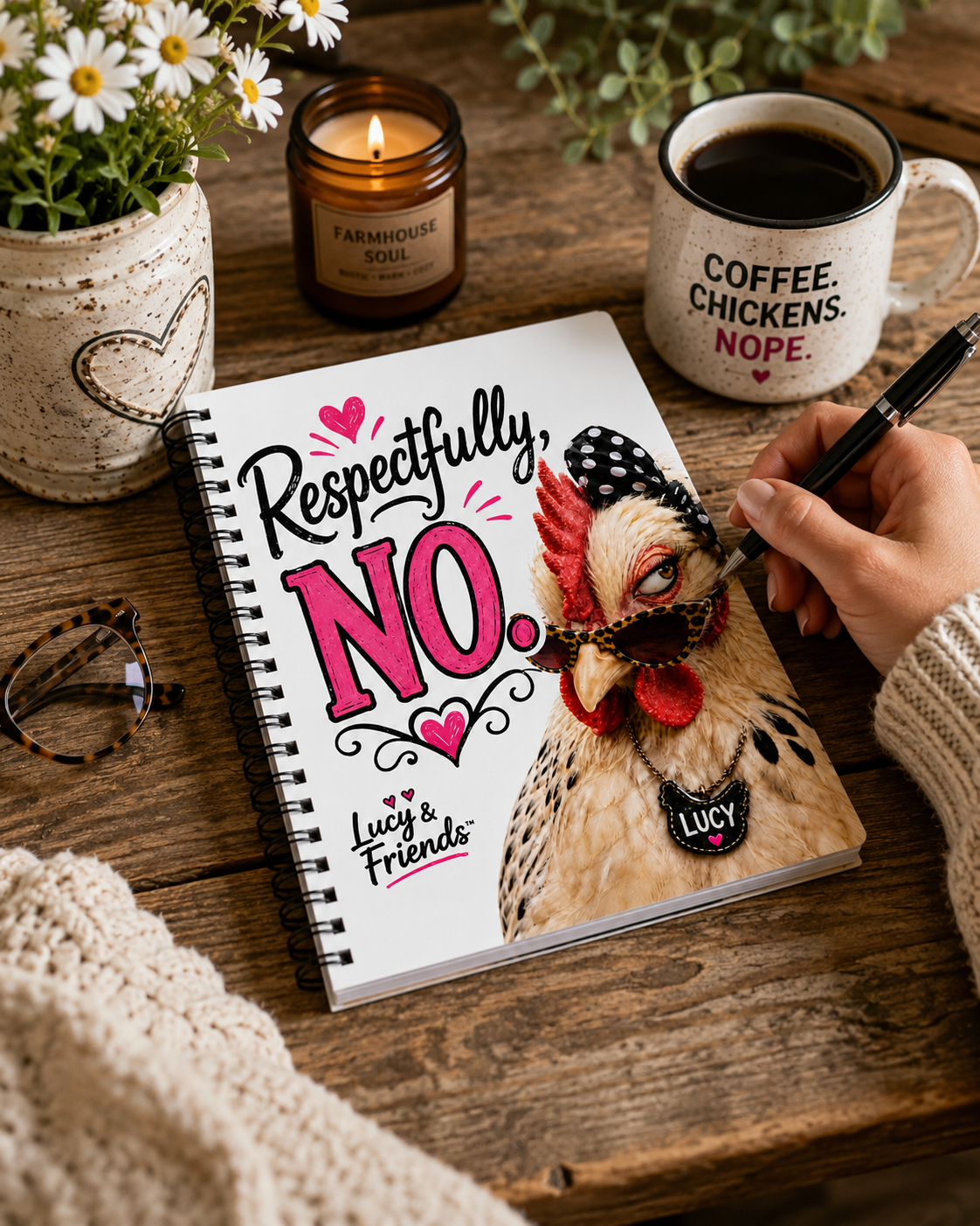 Funny chicken notebook featuring the Lucy & Friends™ 'Respectfully, No.' design with a fashionable hen in leopard-print sunglasses and a polka-dot bow. Lifestyle mockup shows the journal in use on a cozy farmhouse desk with coffee, candle, flowers, and writing accessories. Ideal gift for chicken lovers, farmhouse décor fans, journal writers, planners, and backyard chicken keepers