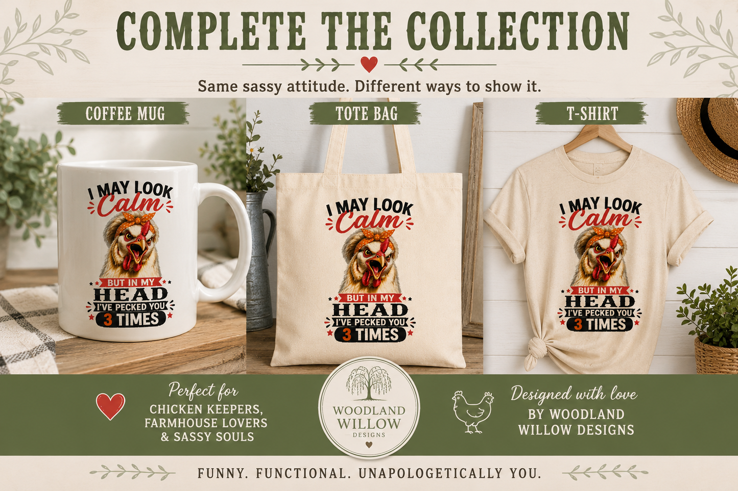 Complete the Collection image showcasing the "I May Look Calm" Lucy & Friends™ collection by Woodland Willow Designs, featuring the matching coffee mug, canvas tote bag, and graphic T-shirt with coordinating funny chicken artwork and farmhouse style.
