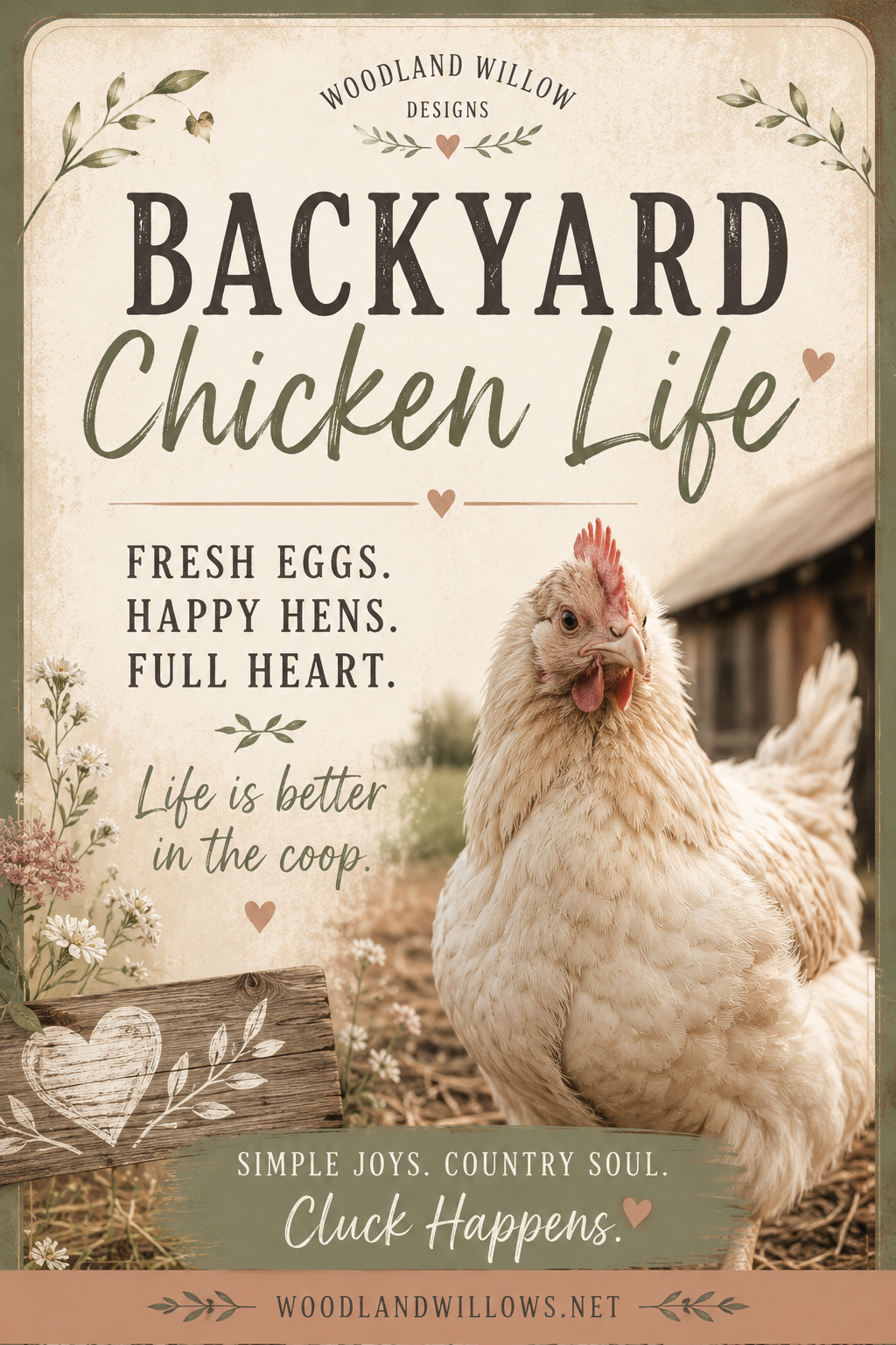Backyard Chicken Life farmhouse graphic featuring a beautiful white hen, rustic coop, floral accents, and inspirational country living quotes. Ideal for chicken lovers, homesteaders, and farmhouse lifestyle inspiration.