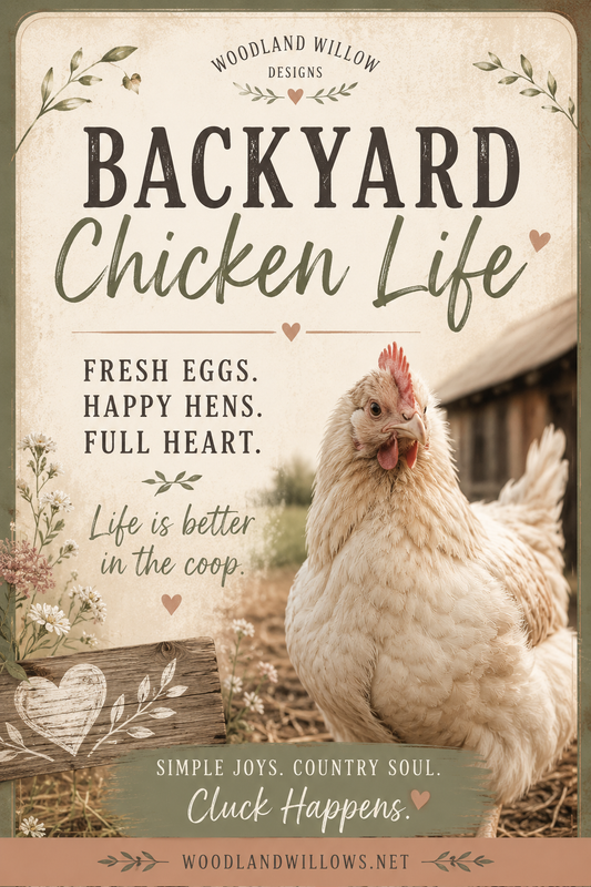 Backyard Chicken Life farmhouse graphic featuring a beautiful white hen, rustic coop, floral accents, and inspirational country living quotes. Ideal for chicken lovers, homesteaders, and farmhouse lifestyle inspiration.