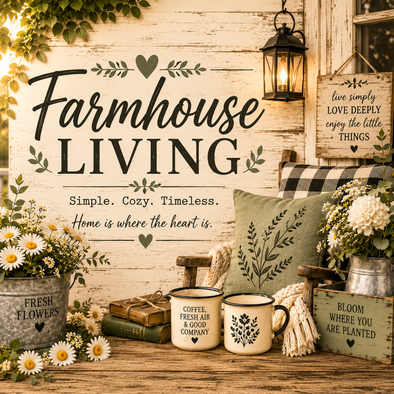 Farmhouse Living collection thumbnail featuring cozy rustic home décor with farmhouse mugs, floral accents, vintage wood signs, lanterns, and country-inspired décor. Shop farmhouse gifts, kitchen décor, home accessories, and timeless rustic designs.