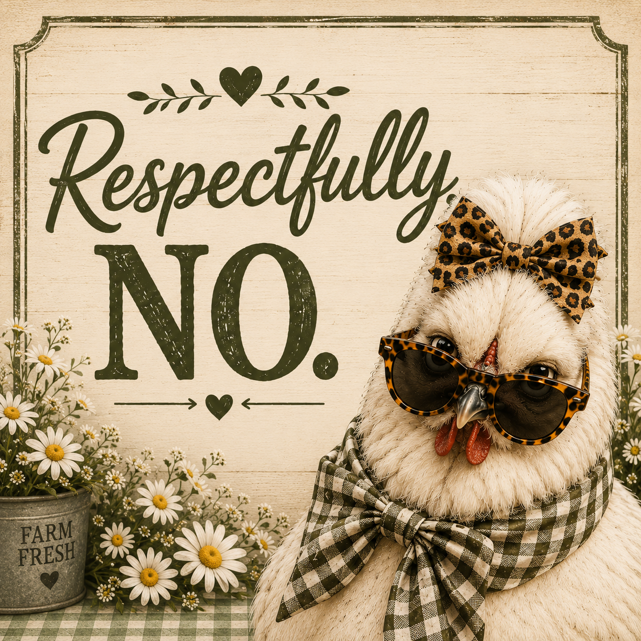 Respectfully, No.™ collection thumbnail featuring Lucy, a white Silkie chicken wearing leopard-print sunglasses, a leopard bow, and a black-and-white gingham scarf surrounded by daisies in a rustic farmhouse setting by Woodland Willow Designs.