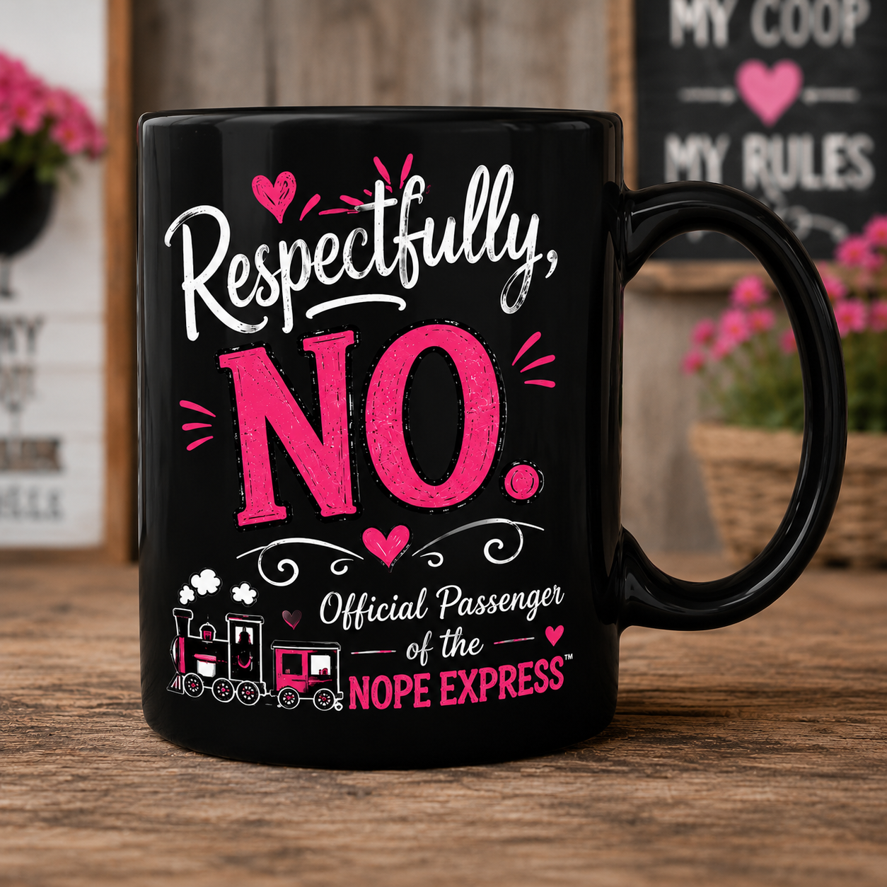 Lucy & Friends™ Respectfully, No. 15 oz Black Coffee Mug | Funny Chicken Lover Gift