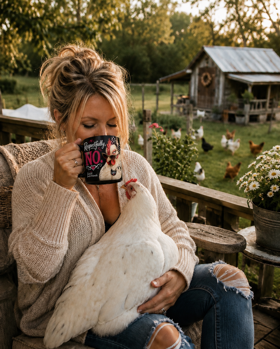 Lucy & Friends™ Respectfully, No. 15 oz Black Coffee Mug | Funny Chicken Lover Gift