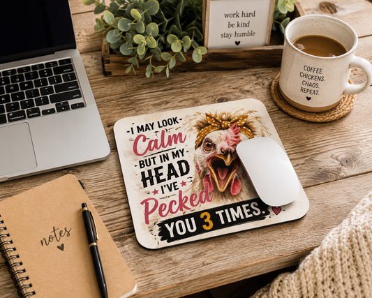 Funny chicken mouse pad on a cozy farmhouse desk with a laptop, coffee mug, notebook, and rustic office décor.