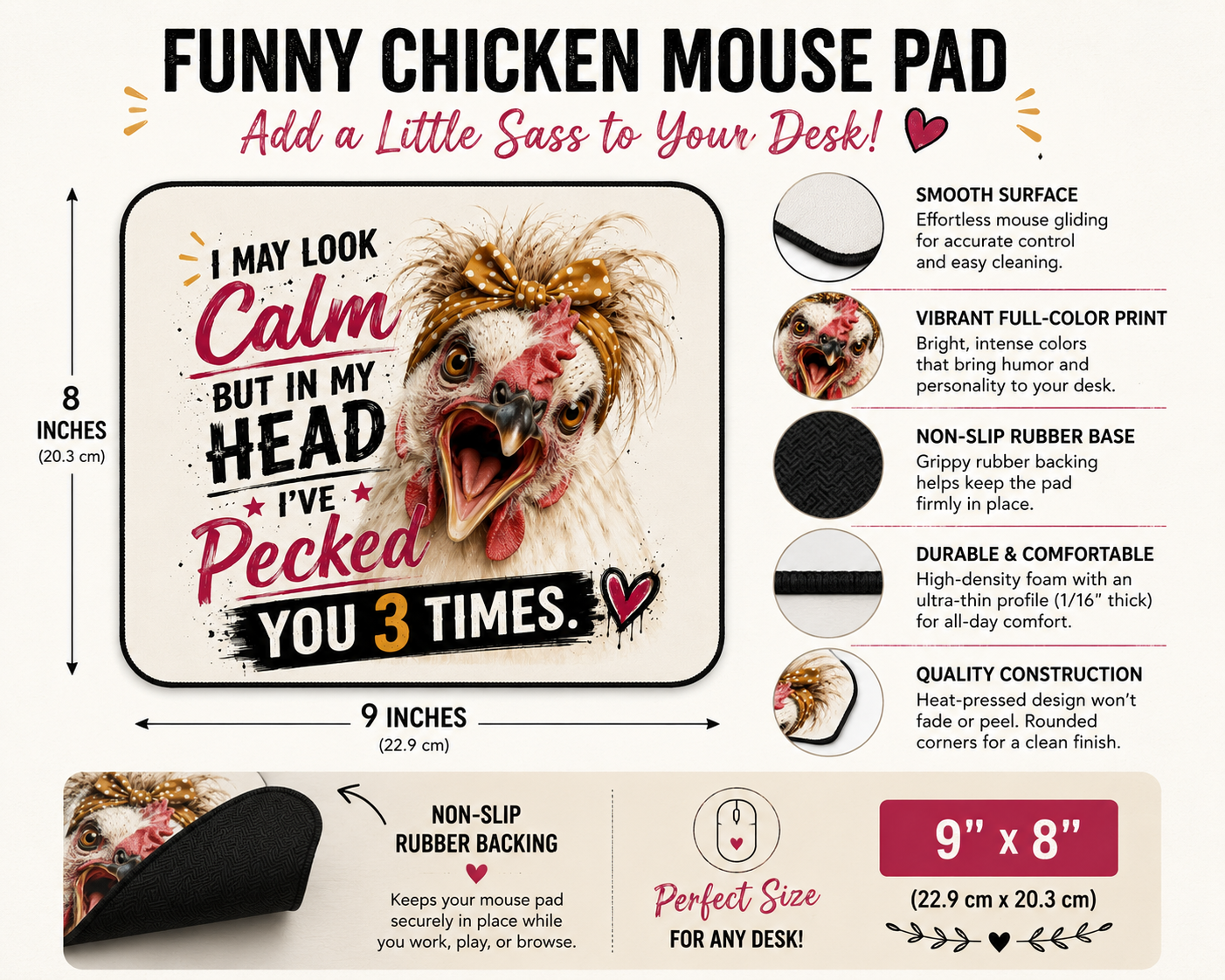 Infographic showing the dimensions, smooth surface, non-slip backing, and premium features of the funny chicken mouse pad.