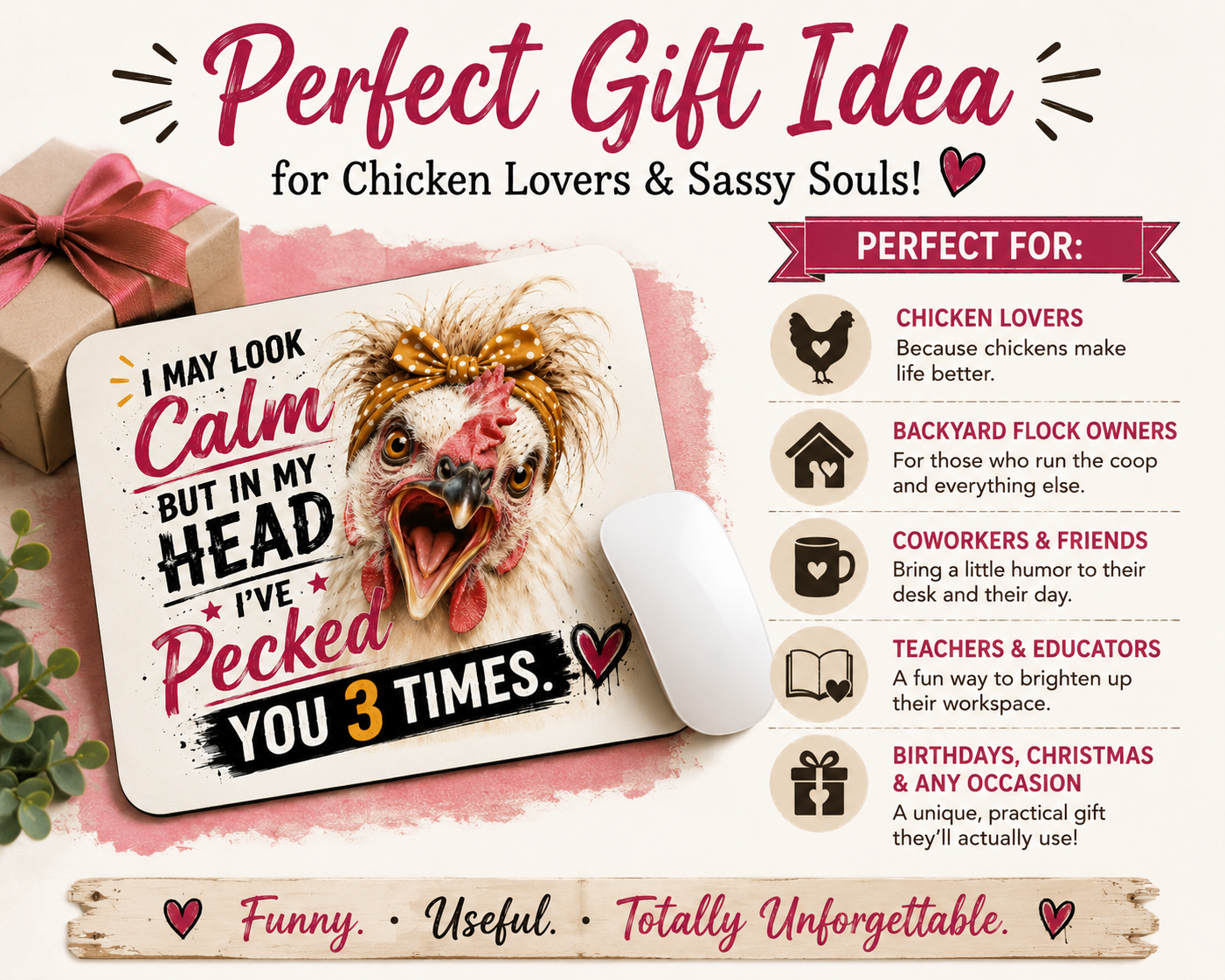 Funny chicken mouse pad displayed as a gift idea for chicken lovers, backyard flock owners, coworkers, teachers, and farmhouse décor fans.