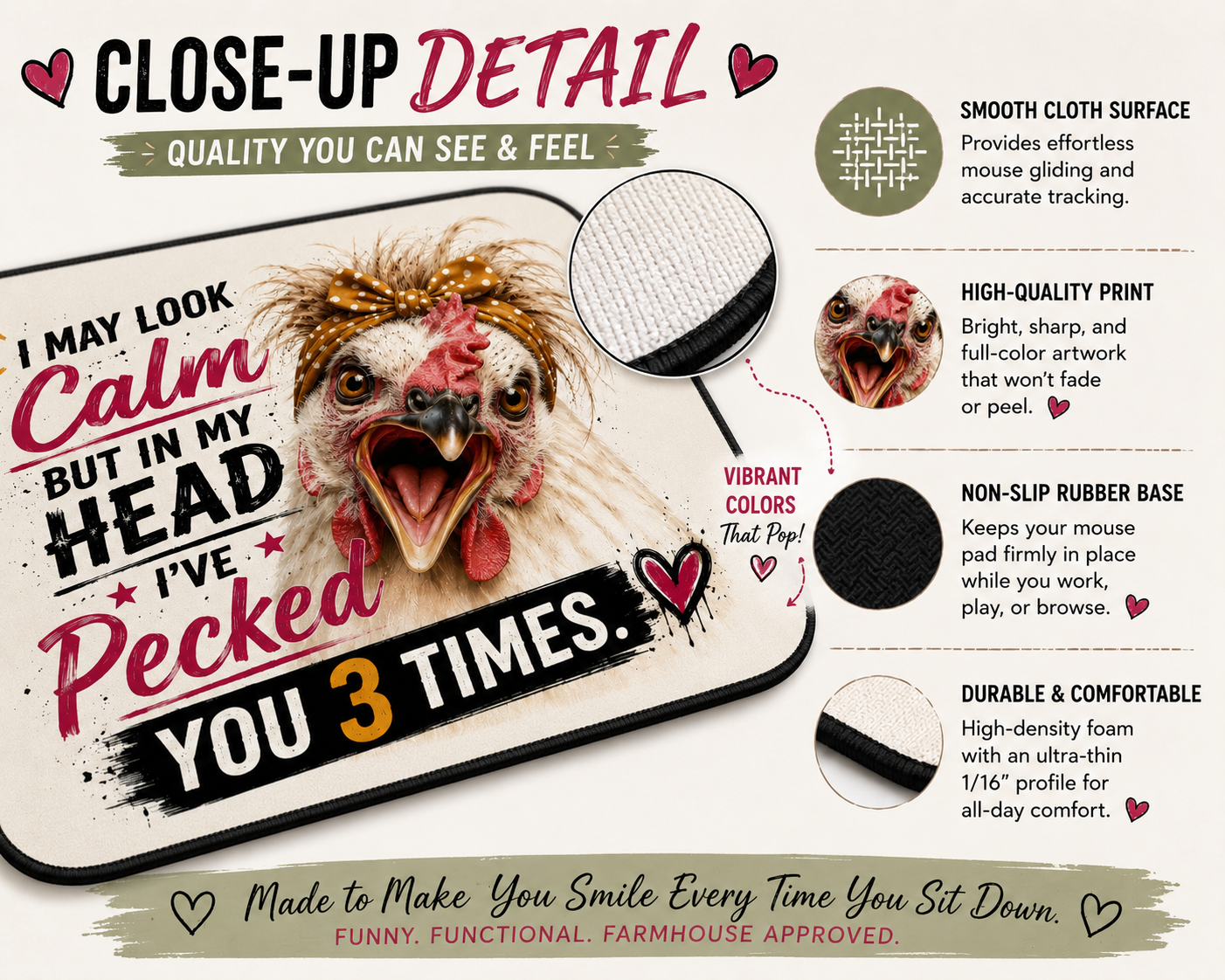 Close-up of the funny chicken mouse pad highlighting the vibrant print, fabric texture, and premium construction.