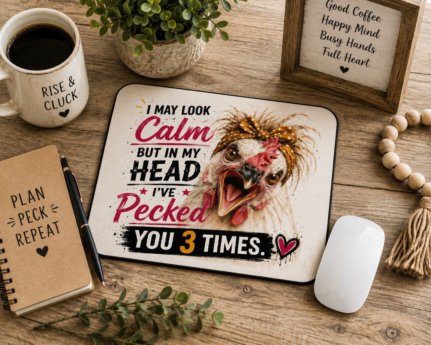 Funny chicken mouse pad styled with rustic farmhouse desk accessories including a notebook, coffee mug, greenery, and wooden décor.