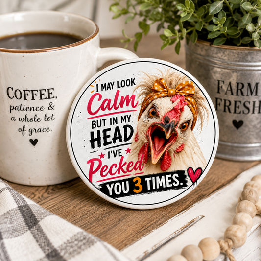 Funny chicken ceramic coaster from Woodland Willow Designs displayed on a rustic farmhouse coffee table beside a coffee mug. Features the Lucy & Friends™ design with the phrase "I May Look Calm... But In My Head I've Pecked You 3 Times."