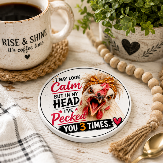 Round ceramic chicken coaster by Woodland Willow Designs styled with a farmhouse coffee mug, greenery, wooden beads, and rustic décor. Features the humorous Lucy & Friends™ "I May Look Calm" design for chicken lovers and country homes.