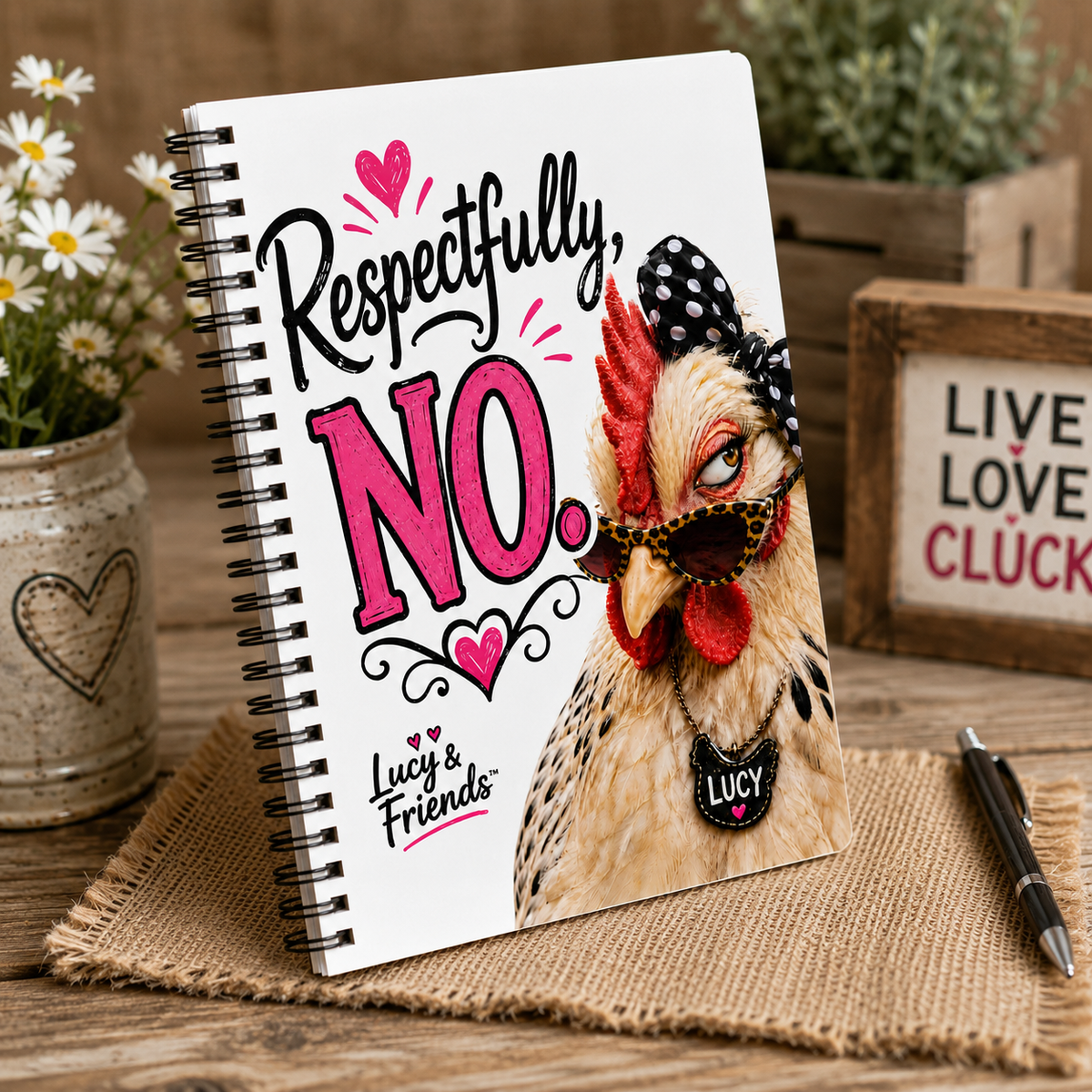 Angled mockup of the Lucy & Friends™ 'Respectfully, No.' spiral notebook on a rustic farmhouse table with daisies and country décor.