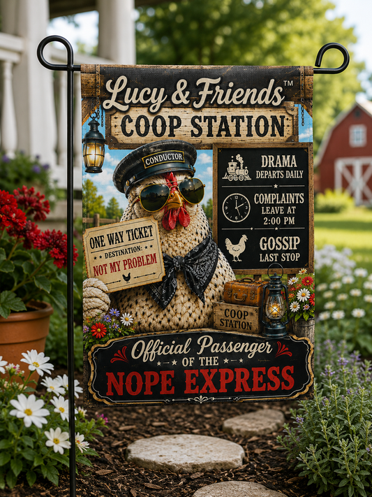 Lucy & Friends™ Coop Station garden flag displayed on a black metal garden stand in a colorful farmhouse flower bed. Features Lucy the chicken conductor wearing aviator sunglasses and holding a “Not My Problem” ticket with the humorous “Official Passenger of the Nope Express” design. Perfect outdoor décor for chicken lovers, backyard flock owners, farmhouse gardens, porches, patios, and country homes.