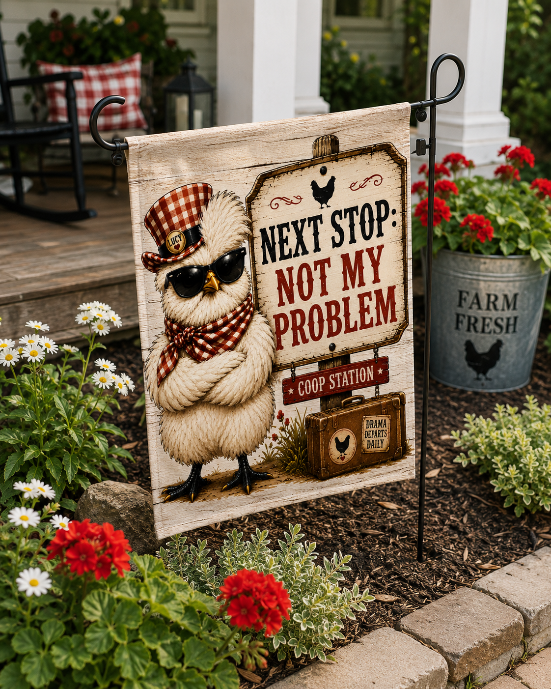 Lucy & Friends™ Coop Station garden flag featuring Lucy the chicken beside a "Next Stop: Not My Problem" sign. Funny farmhouse garden décor for chicken lovers, backyard flock owners, porches, patios, flower beds, and country homes.