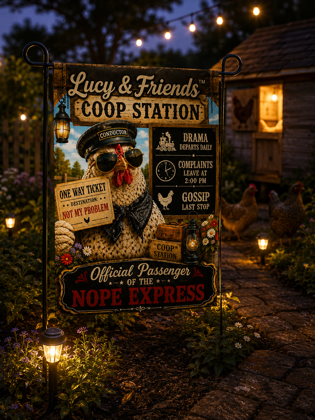 Lucy & Friends™ Coop Station garden flag displayed at dusk in a beautifully landscaped farmhouse garden. Featuring Lucy the chicken conductor holding a “Not My Problem” ticket and the “Official Passenger of the Nope Express” design, illuminated by warm garden lights with hens and a rustic chicken coop in the background. Perfect outdoor décor for chicken lovers, backyard flock owners, and farmhouse homes.