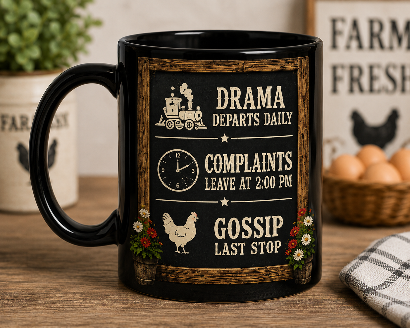 Funny chicken coffee mug featuring Lucy & Friends™ Coop Station, a chicken conductor holding a “Not My Problem” ticket on a black farmhouse-style mug. Ideal gift for chicken lovers and backyard flock owners.