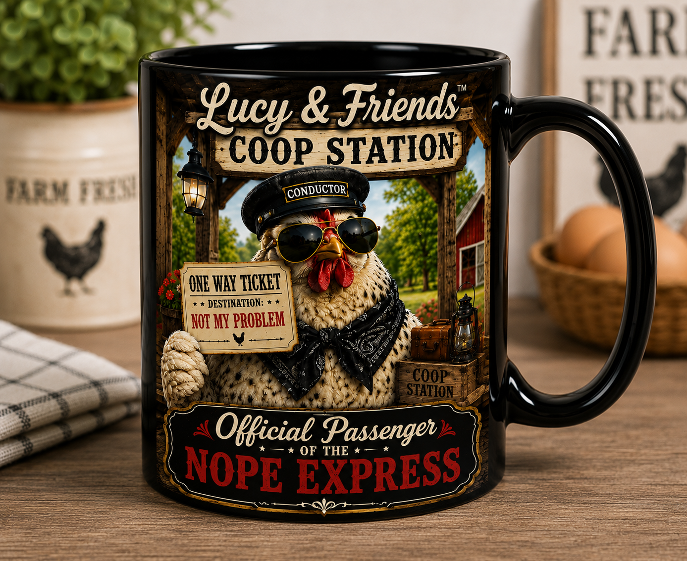 Lucy & Friends™ Official Passenger of the Nope Express black coffee mug featuring a funny chicken conductor holding a “Not My Problem” ticket, farmhouse-style artwork, and rustic Coop Station design for chicken lovers and farmhouse décor enthusiasts.