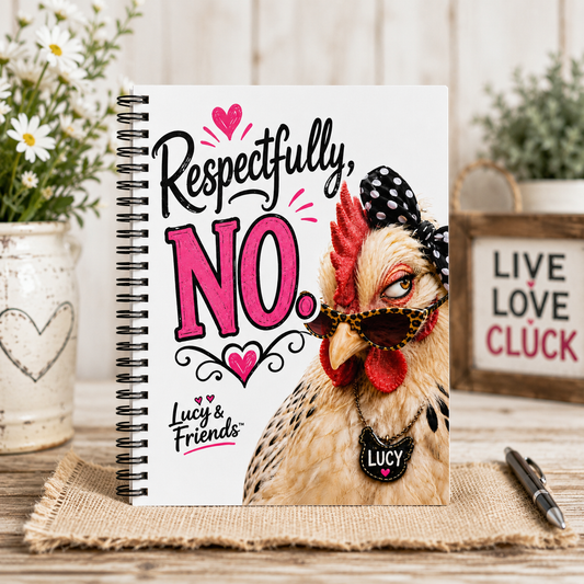Funny chicken notebook featuring the Lucy & Friends™ 'Respectfully, No.' design with a fashionable hen in leopard sunglasses and a polka-dot bow. Spiral journal displayed in a rustic farmhouse setting, perfect for chicken lovers, country décor fans, gifts, journaling, note-taking, and planning.