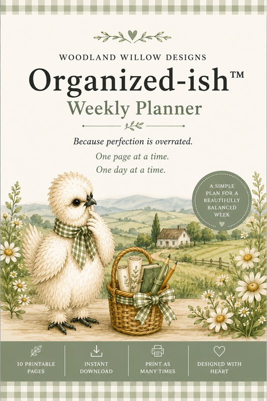 Front cover of the 'Organized-ish Weekly Planner' by Woodland Willow Designs, featuring a vintage-style illustration of a white chick in a plaid bow next to a wicker basket with stationery, set against a soft green and beige landscape background.