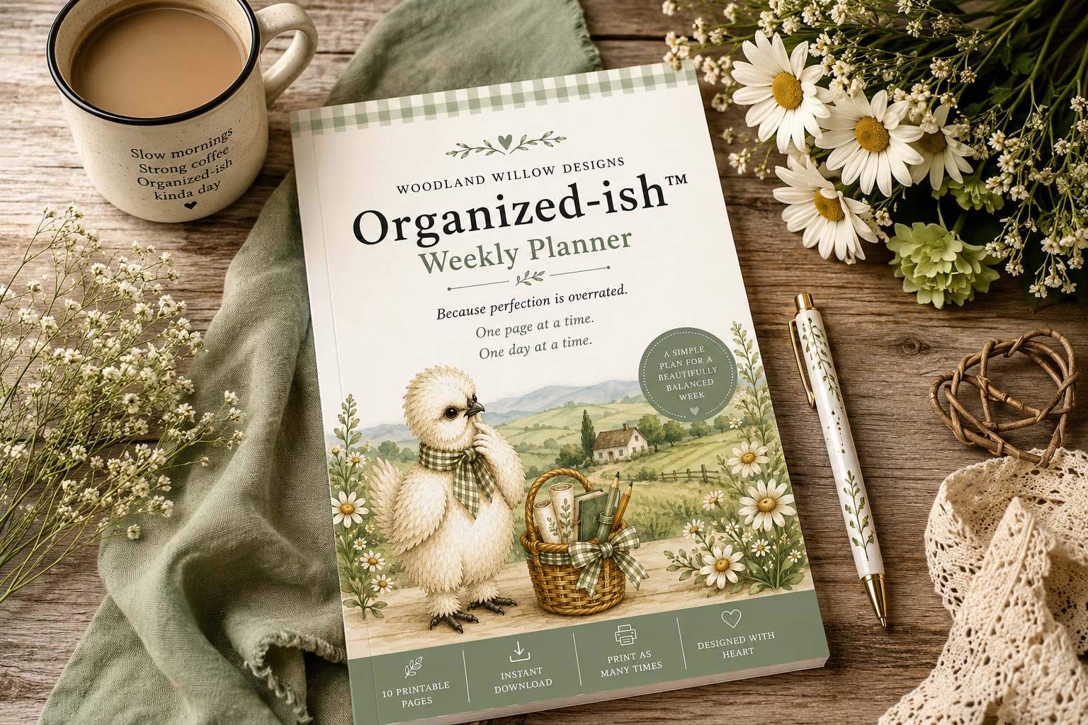 Organized-ish Weekly Planner book by Woodland Willow Designs, styled in a flat-lay on a rustic wooden table with a green cloth, a cup of coffee, white daisies, a pen, and a lace cloth.