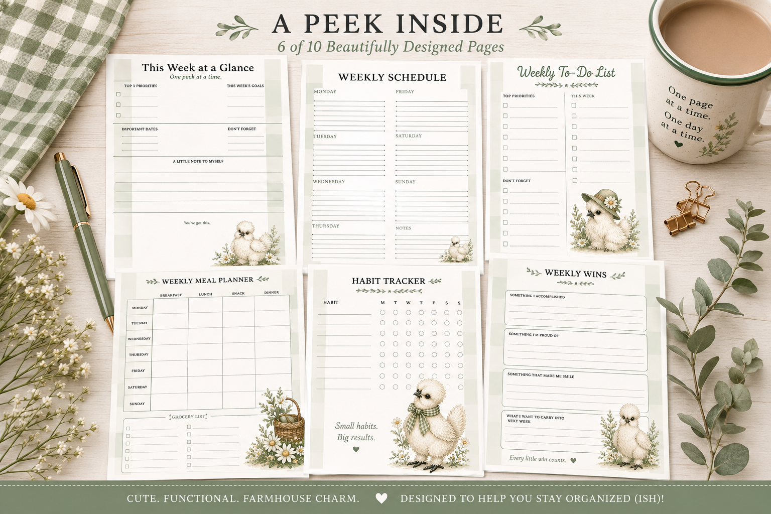A flat-lay display of a printable planner set titled 'A PEEK INSIDE', showing six beautifully designed pages with a cute white bunny illustration and a farmhouse aesthetic, styled with a mug of coffee, a gingham cloth, and greenery on a light wood background.
