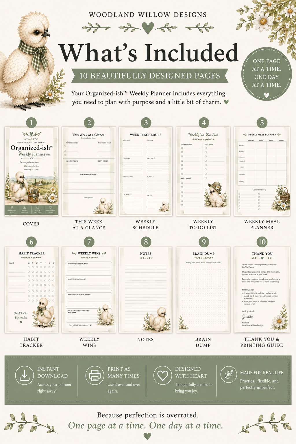 A digital preview sheet for a woodland-themed weekly planner, titled 'What's Included' by Woodland Willow Designs. The graphic shows a white fluffy bird illustration, the product name, and a grid of sample planner pages including cover, weekly schedule, meal planner, notes, and thank you page, decorated with green leaves and floral elements.