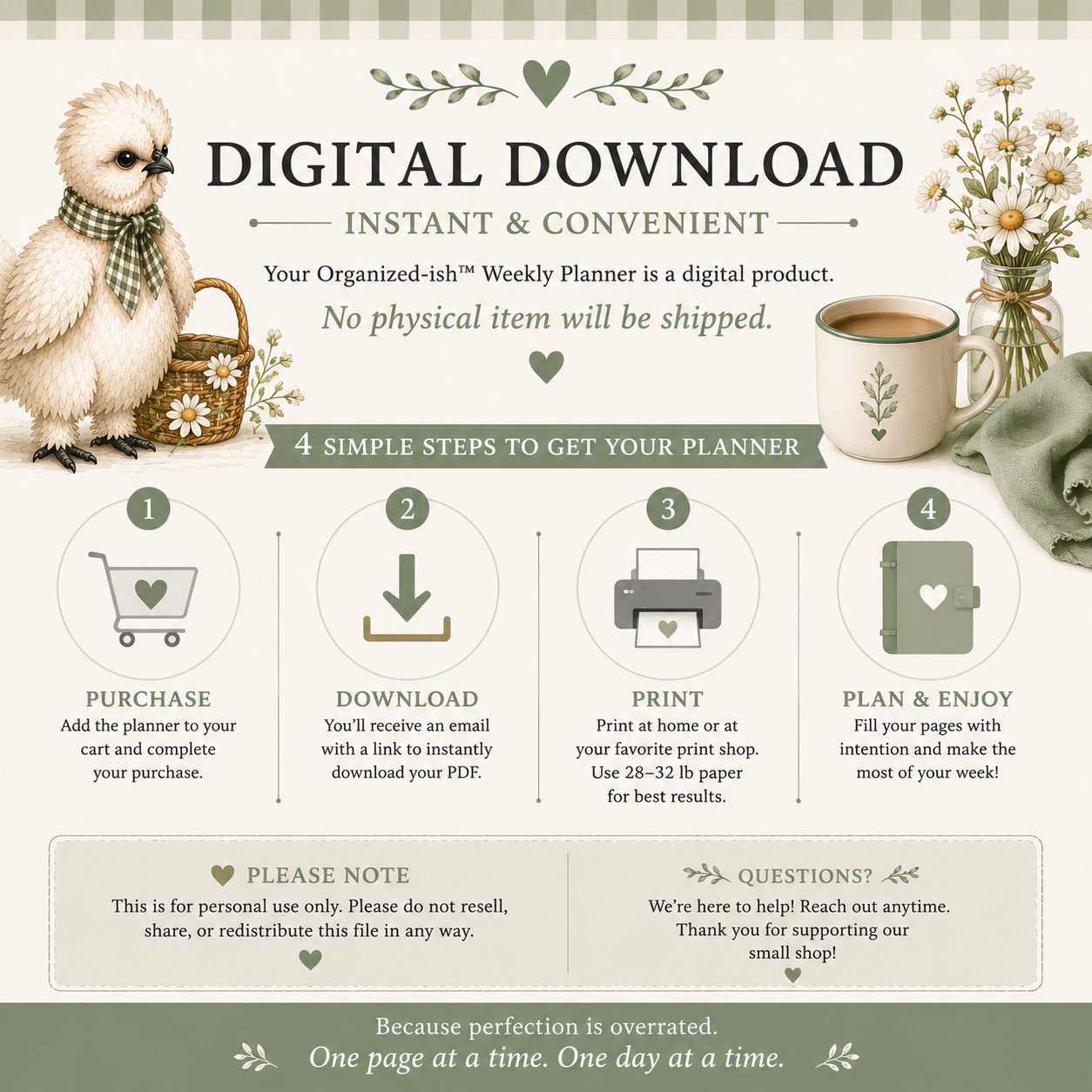 Promotional graphic for a digital weekly planner download, featuring a white alpaca, floral illustrations, a coffee cup, and step-by-step instructions for purchasing, downloading, printing, and planning. The text states that no physical item will be shipped.