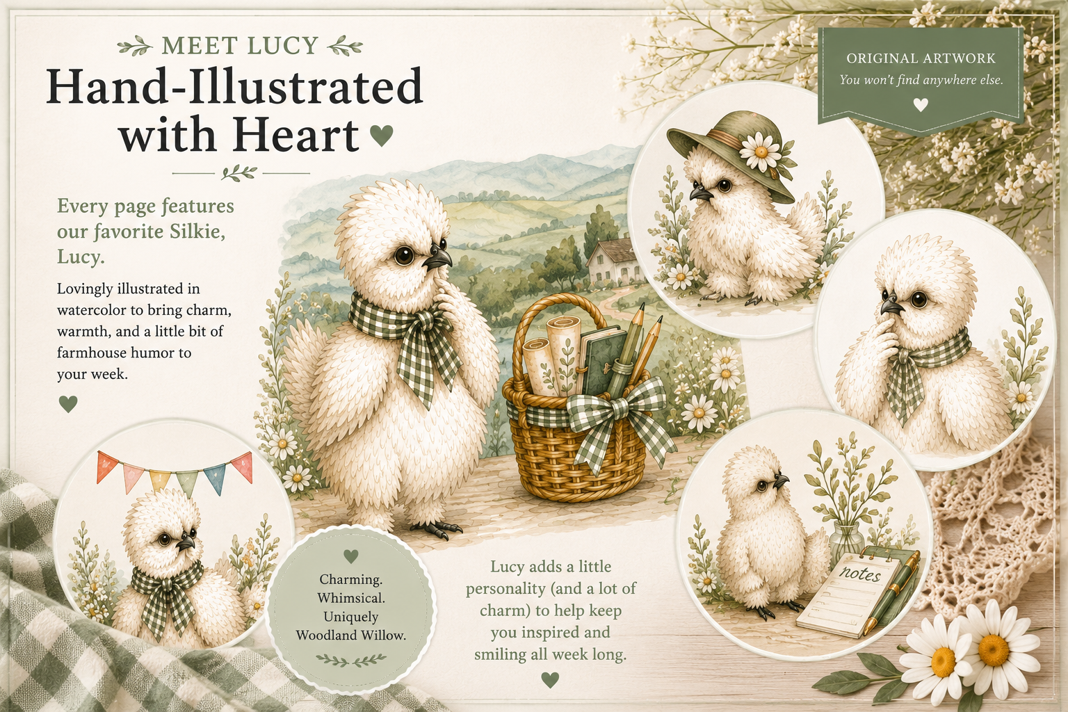 A decorative illustrated card or booklet cover featuring the text 'MEET LUCY Hand-Illustrated with Heart' and multiple circular watercolor-style drawings of a fluffy white bird character in different outfits, with floral and rustic background details.