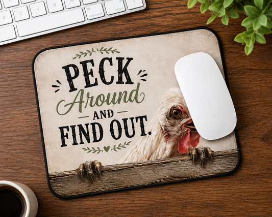 A rectangular desk mat with a humorous chicken-themed design sits on a wooden desk. The mat features the text 'PECK Around AND FIND OUT.