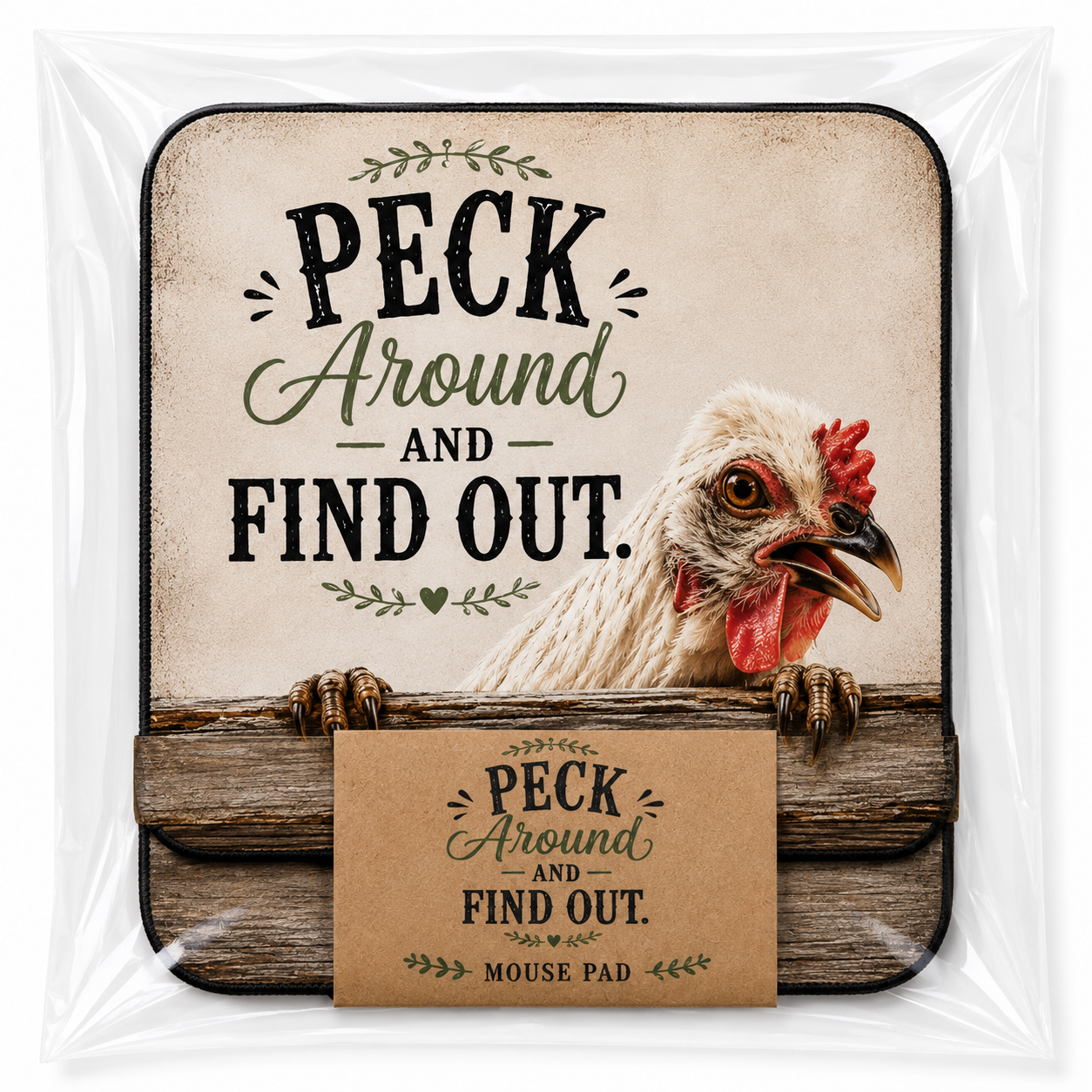 A square mouse pad in clear plastic packaging, featuring a rustic design with a chicken peeking over a wooden fence and the text 'PECK Around AND FIND OUT.' A smaller matching card is attached at the bottom.