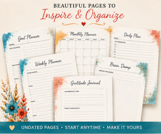 Brushstrokes & Dreams Planner Printable PDF | Undated Goal Planner, Daily Organizer, Productivity & Creative Planning Workbook