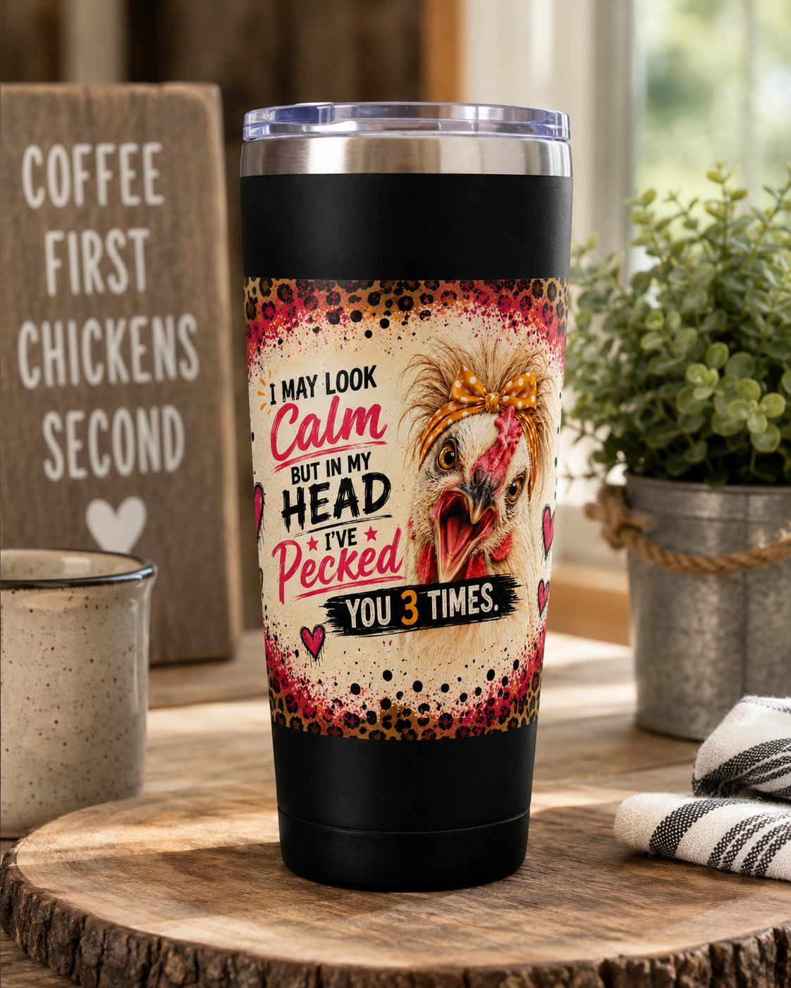 Funny chicken 22oz insulated travel tumbler featuring the "I May Look Calm, But in My Head I've Pecked You 3 Times" design displayed in a cozy farmhouse kitchen with coffee decor.
