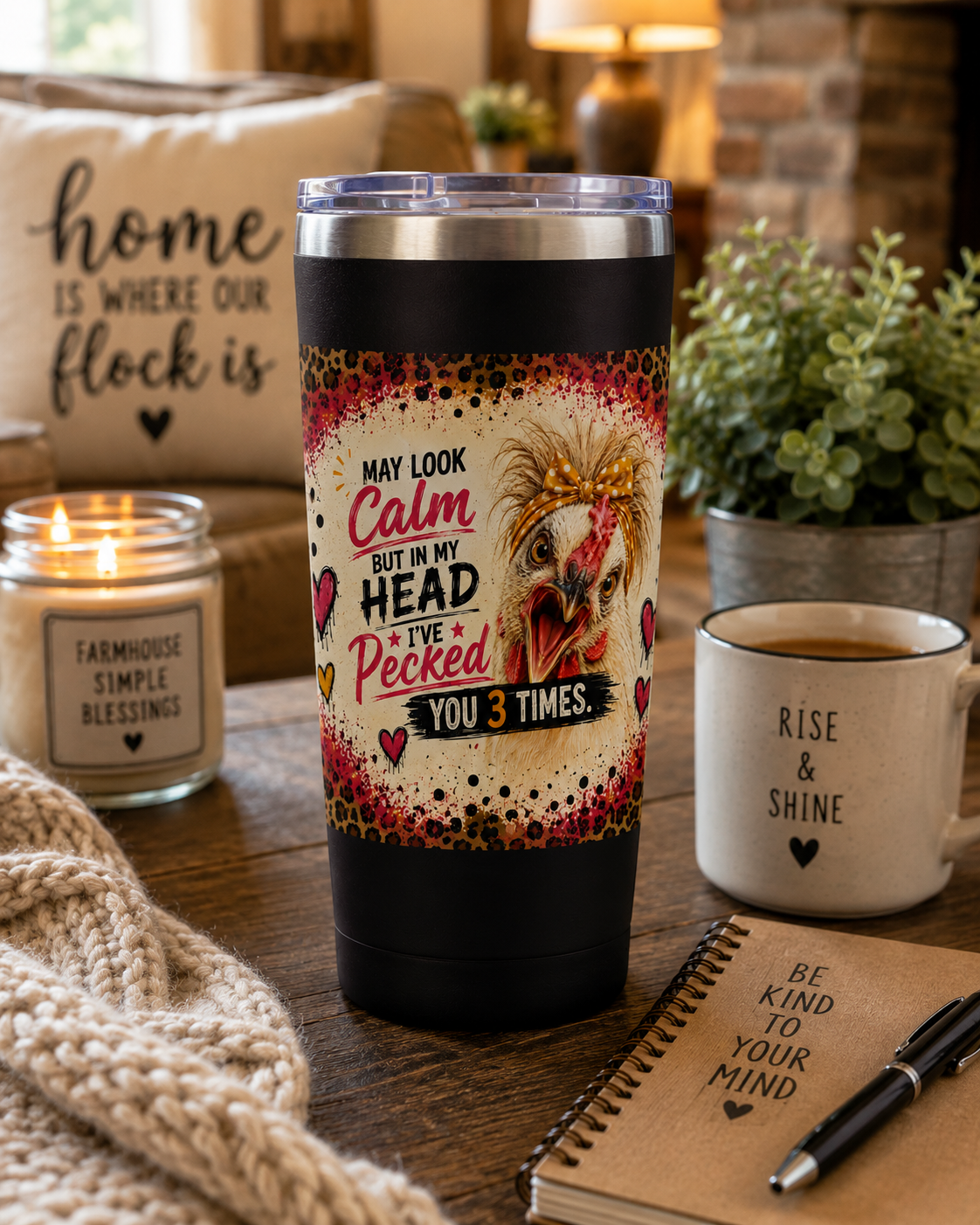Funny chicken 22oz insulated travel tumbler with the "I May Look Calm, But in My Head I've Pecked You 3 Times" design displayed on a rustic farmhouse coffee table with a cozy blanket, coffee mug, candle, and country home décor.