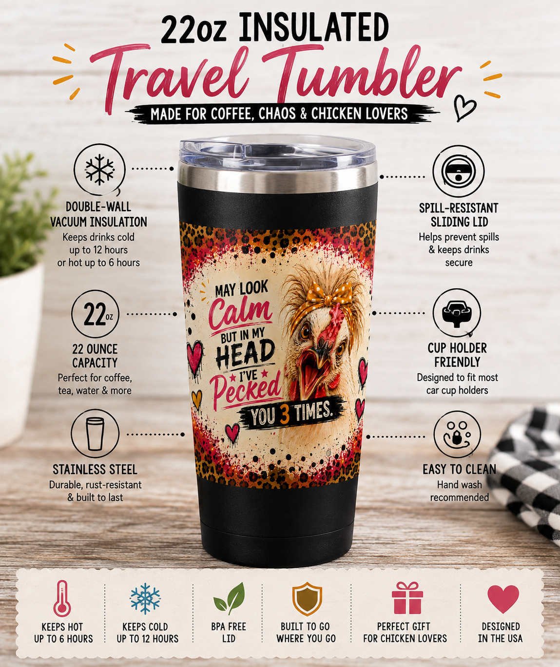 Product features infographic for the "I May Look Calm, But in My Head I've Pecked You 3 Times" 22oz insulated stainless steel travel tumbler highlighting double-wall vacuum insulation, spill-resistant lid, 22-ounce capacity, cup holder compatibility, and easy-care design.