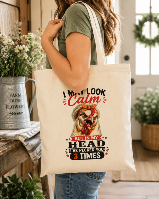 Woman carrying the "I May Look Calm" funny chicken canvas tote bag by Woodland Willow Designs in a bright farmhouse home. Features the Lucy & Friends™ design with the phrase "I May Look Calm... But In My Head I've Pecked You 3 Times," perfect for everyday errands and country living.