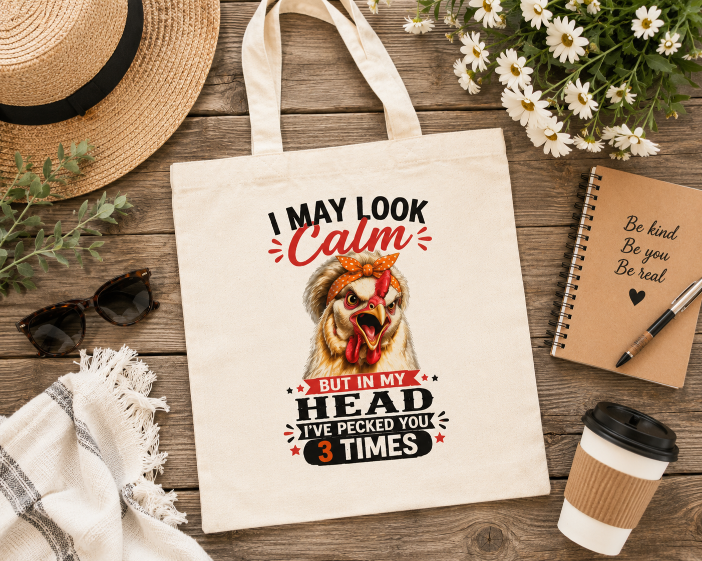 Flat lay of the "I May Look Calm" funny chicken canvas tote bag by Woodland Willow Designs displayed with a straw hat, sunglasses, notebook, coffee cup, and fresh flowers on a rustic wood background. Features the Lucy & Friends™ chicken design in a cozy farmhouse style.