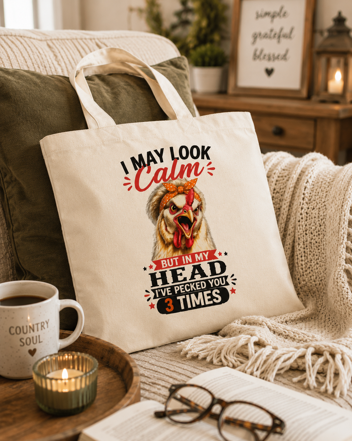 The "I May Look Calm" funny chicken canvas tote bag by Woodland Willow Designs displayed on a cozy farmhouse sofa with a knit blanket, coffee mug, candle, and book. Features the Lucy & Friends™ design in a warm country-inspired living room.