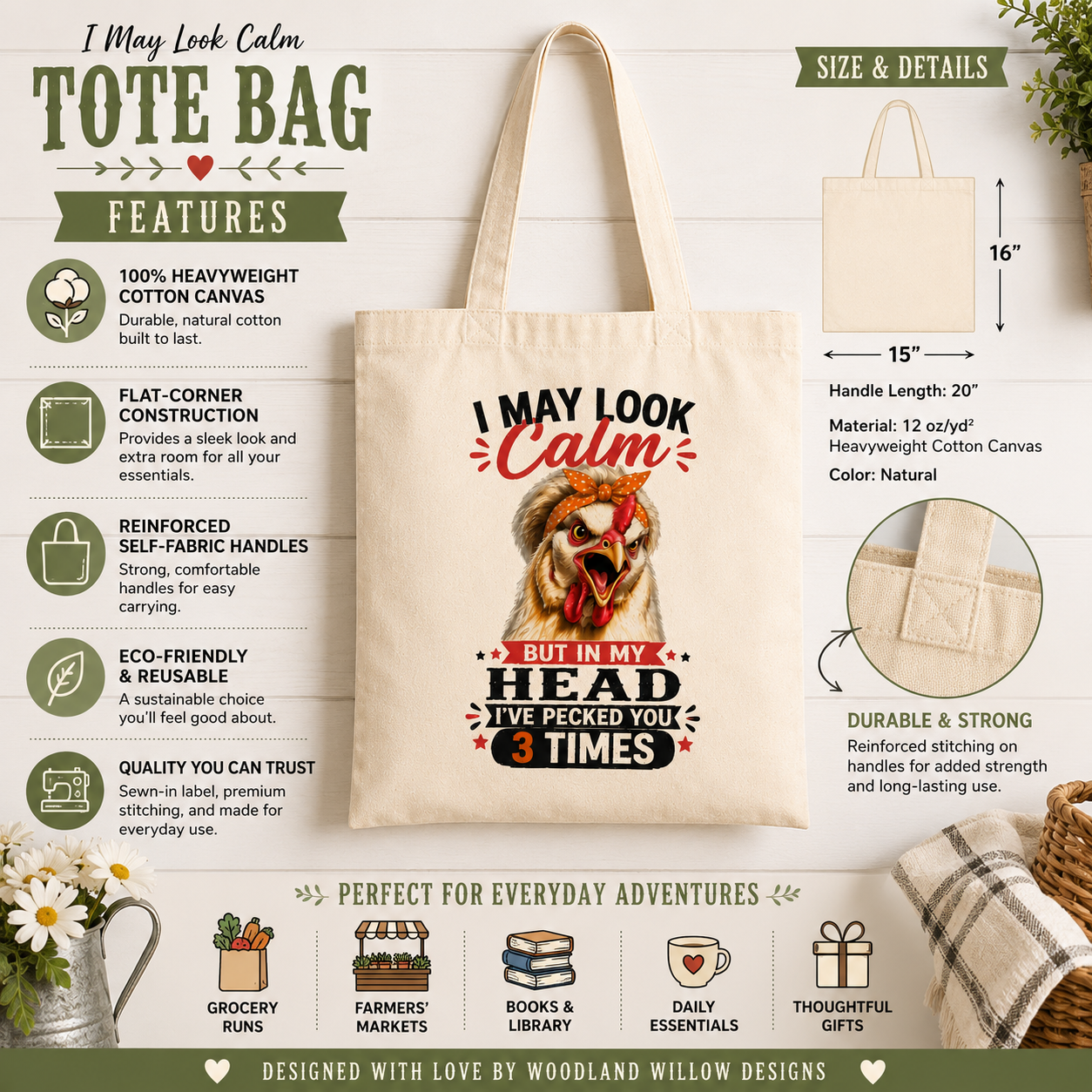 Features infographic for the "I May Look Calm" canvas tote bag by Woodland Willow Designs highlighting heavyweight cotton canvas, reinforced handles, eco-friendly reusable construction, product dimensions, and everyday uses including grocery shopping, farmers' markets, library trips, and daily errands.