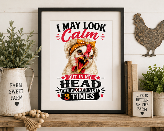 Funny chicken framed wall art by Woodland Willow Designs displayed in a bright farmhouse living room. Features the Lucy & Friends™ design with the phrase "I May Look Calm... But In My Head I've Pecked You 3 Times," adding humor and country charm to home décor.