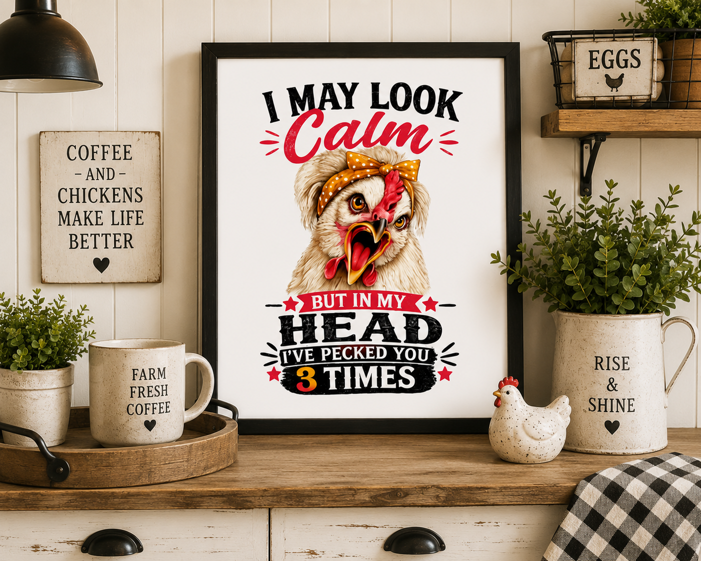 Framed Lucy & Friends™ funny chicken wall art displayed above a rustic farmhouse coffee bar with cozy décor, greenery, and natural wood accents. Woodland Willow Designs wall art for chicken lovers and farmhouse homes.