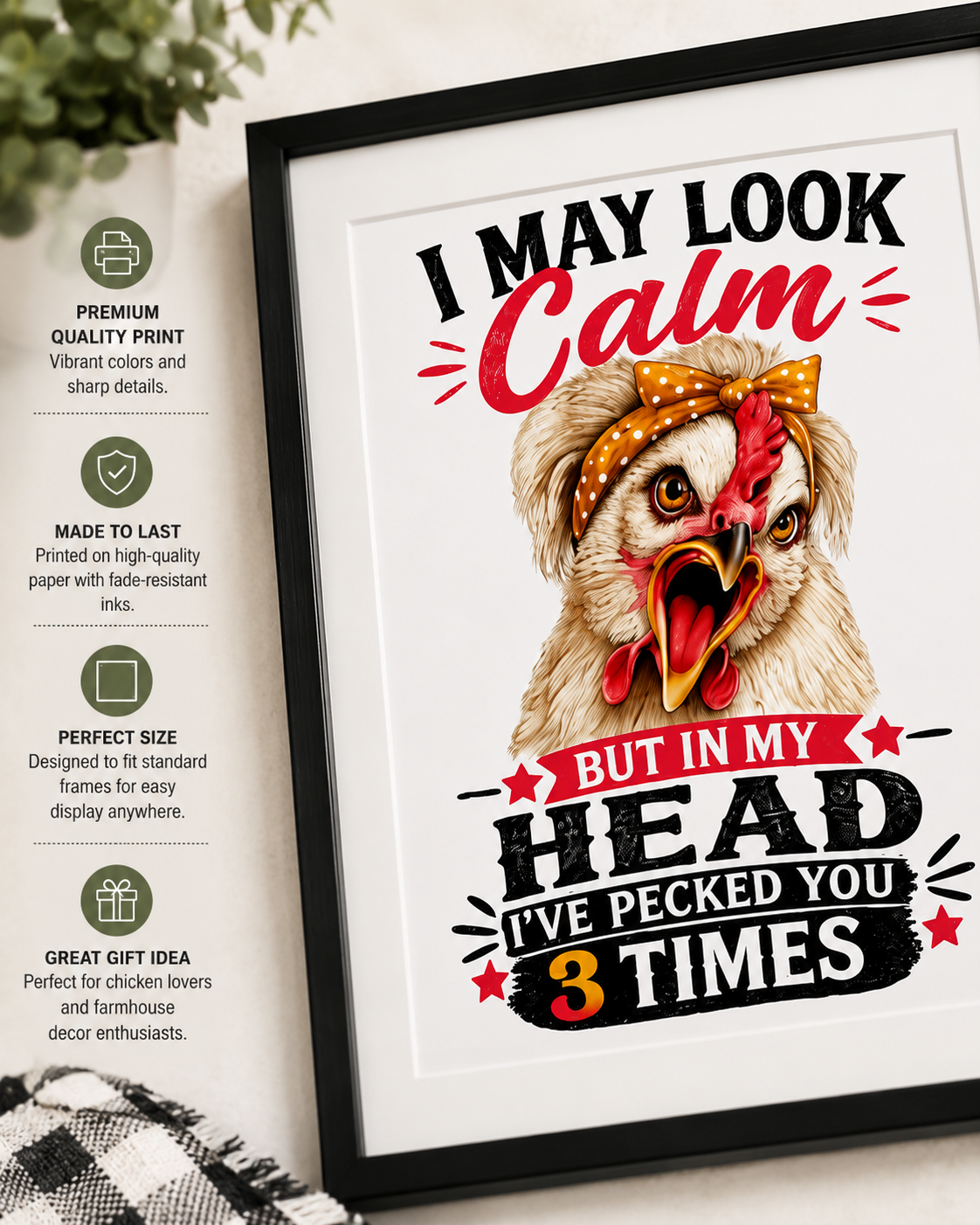 Close-up of the "I May Look Calm" framed wall art by Woodland Willow Designs showcasing vibrant colors, premium print quality, and the expressive Lucy & Friends™ chicken illustration with humorous farmhouse typography.