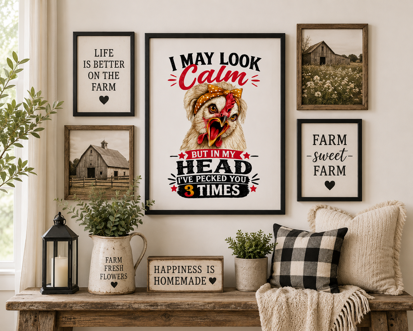 Farmhouse gallery wall featuring the Lucy & Friends™ funny chicken framed wall art surrounded by rustic farmhouse prints, greenery, and cozy home décor. Designed by Woodland Willow Designs for kitchens, coffee bars, and country homes.