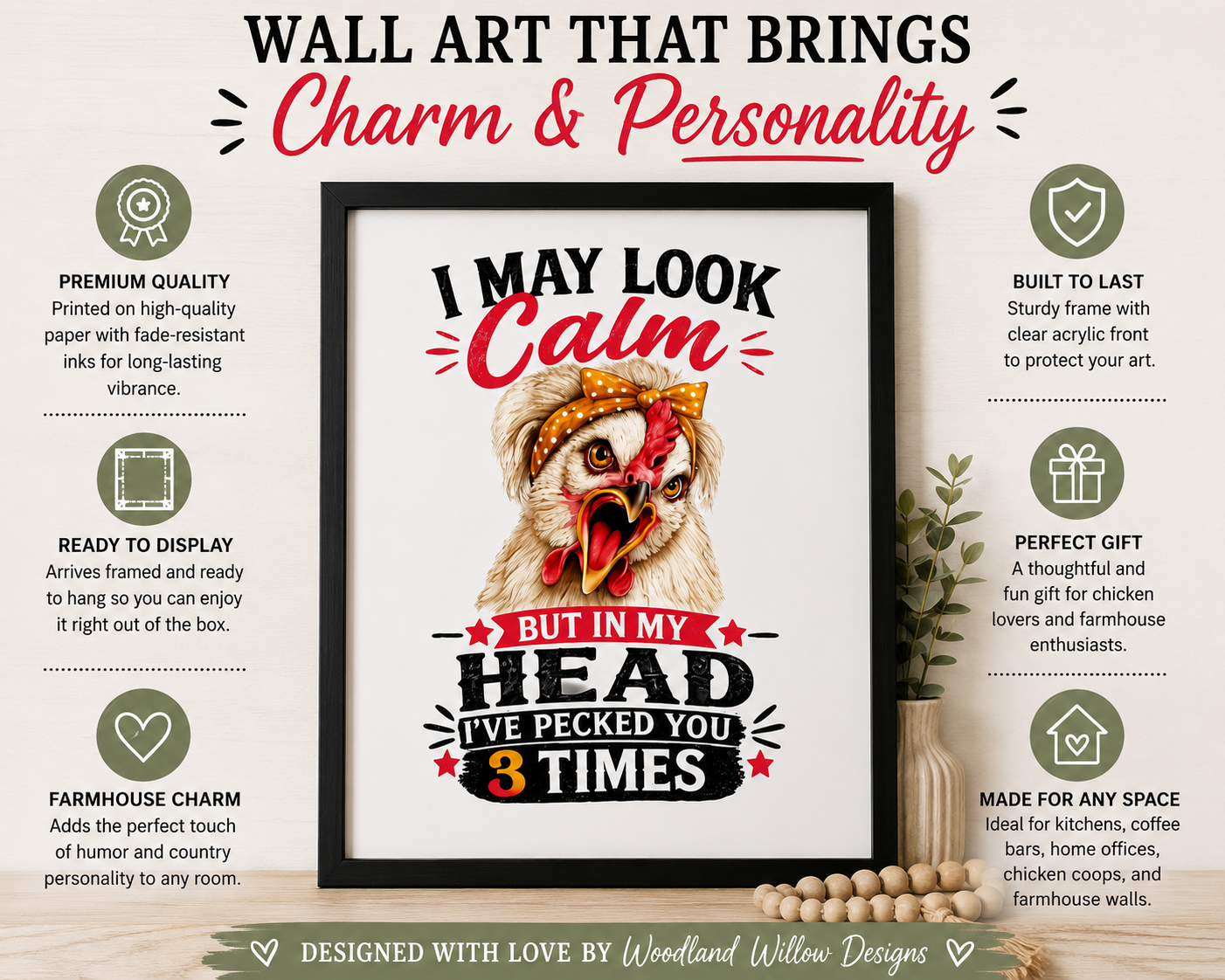 Product features infographic for the Lucy & Friends™ framed wall art by Woodland Willow Designs highlighting premium-quality printing, fade-resistant inks, ready-to-display framed design, farmhouse style, and gift-worthy craftsmanship.